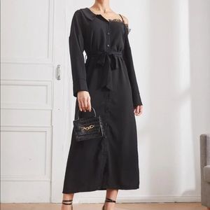 Black Asymmetrical Neckline Midi Dress